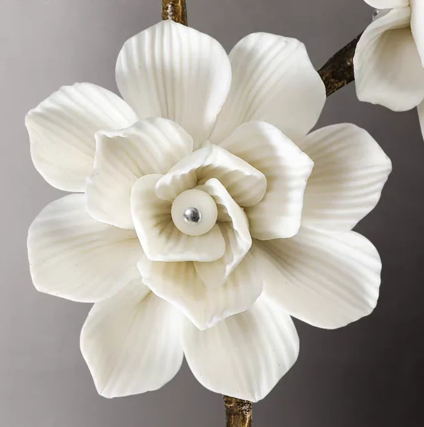 Brass and Ceramic Flower Art Chandelier Post Modern Light Luxury Style for Living and Dining Areas-