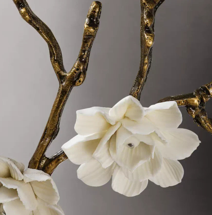 Brass and Ceramic Flower Art Chandelier Post Modern Light Luxury Style for Living and Dining Areas-