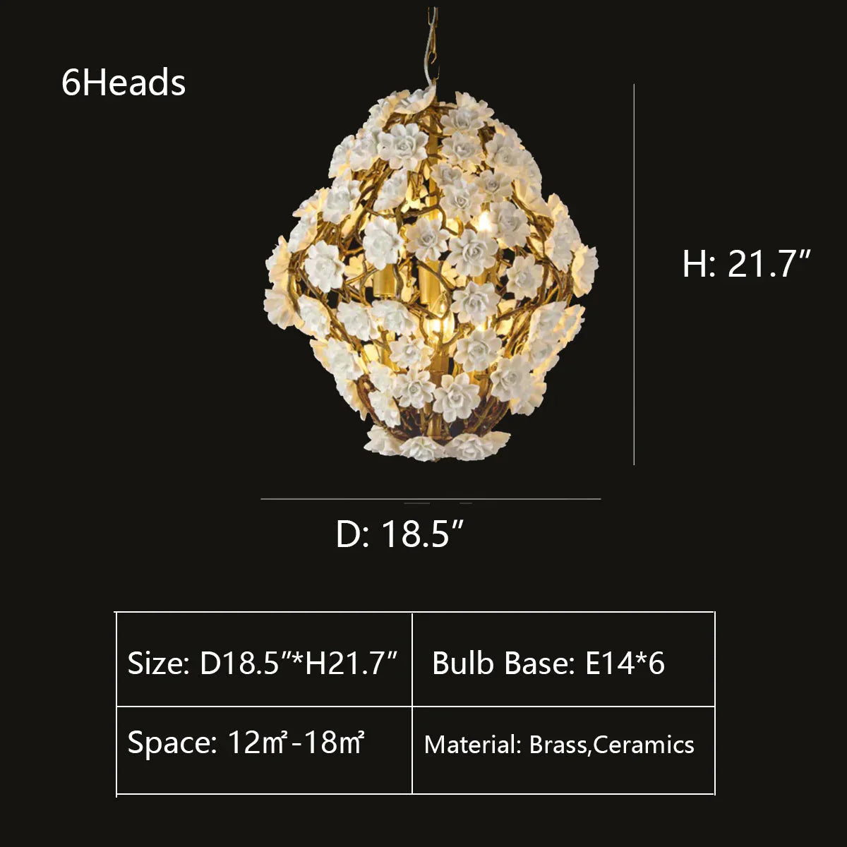 Brass and Ceramic Flower Art Chandelier Post Modern Light Luxury Style for Living and Dining Areas-6 Lights: D18.5"*H21.7"-Warm Light-