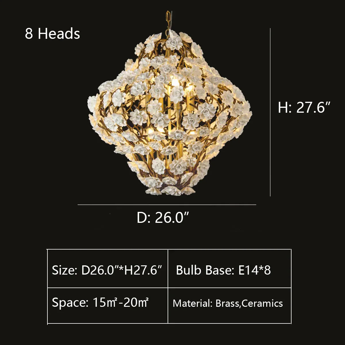 Brass and Ceramic Flower Art Chandelier Post Modern Light Luxury Style for Living and Dining Areas-8 Lights: D26.0"*H27.6"-Warm Light-