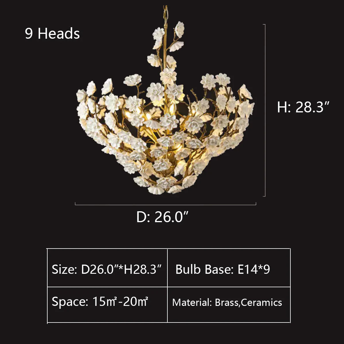 Brass and Ceramic Flower Art Chandelier Post Modern Light Luxury Style for Living and Dining Areas-9 Lights: D26.0"*H28.3"-Warm Light-
