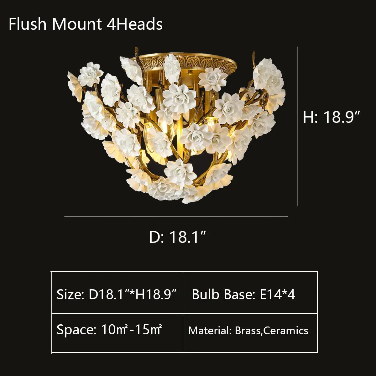 Brass and Ceramic Flower Art Chandelier Post Modern Light Luxury Style for Living and Dining Areas-Flush Mount: D18.1"*H18.9"-Warm Light-
