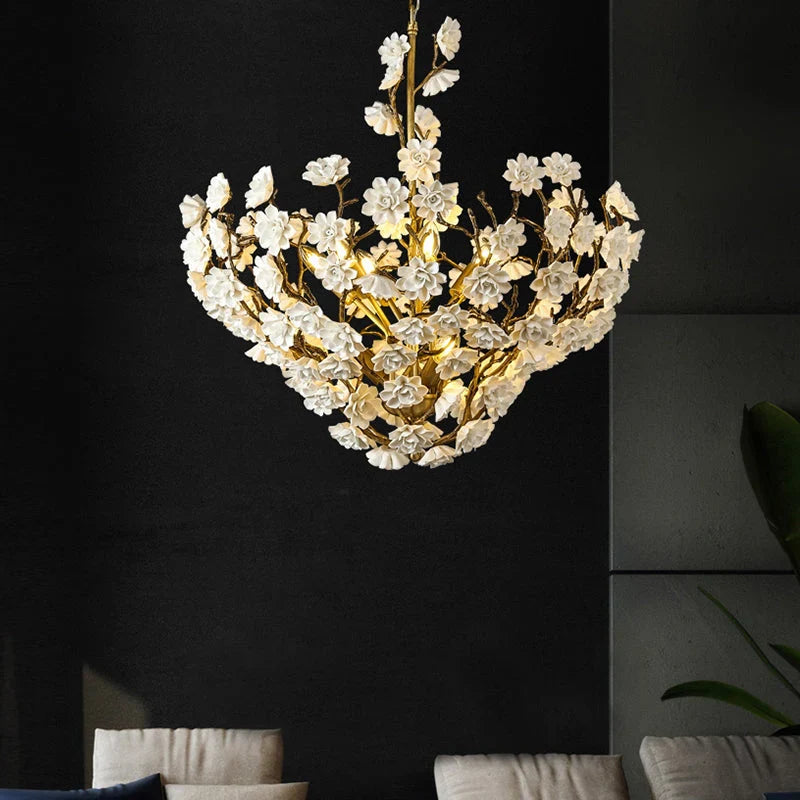Brass and Ceramic Flower Art Chandelier Post Modern Light Luxury Style for Living and Dining Areas-