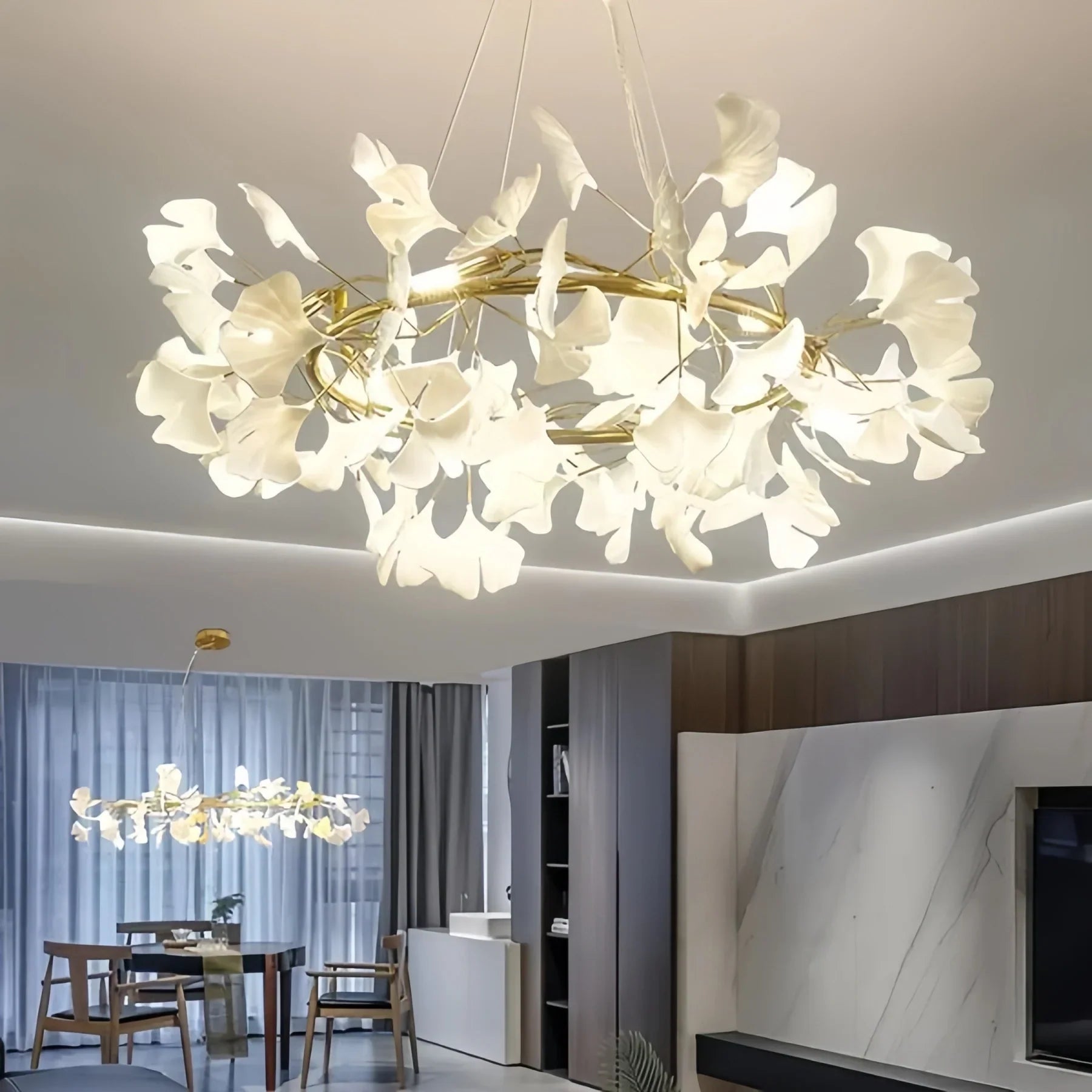 BU Ginkgo Ceramic Circle Chandelier - 24"GoldBlushlighting