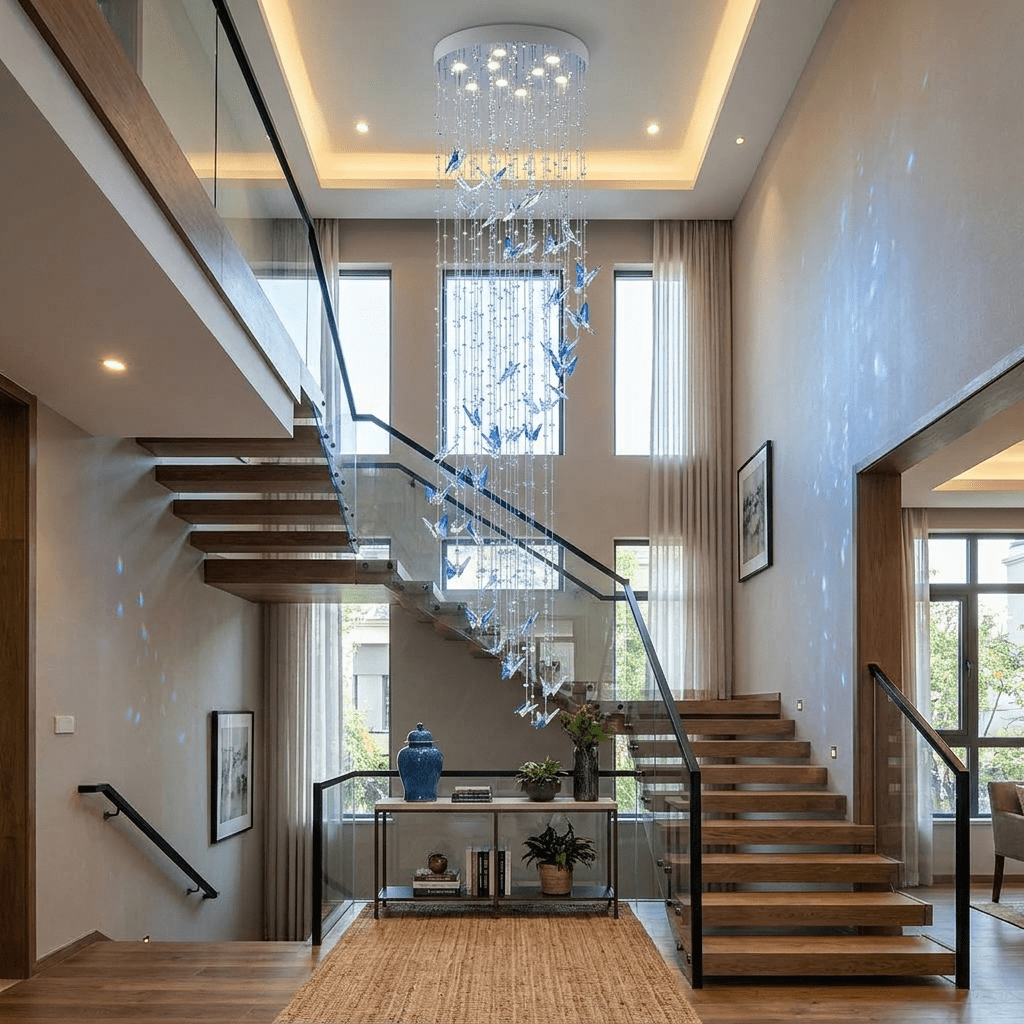 Caelira LED K9 Crystal Spiral Chandelier - Dia 15.7″ × H 98.4″BlueWarm LightBlushlighting
