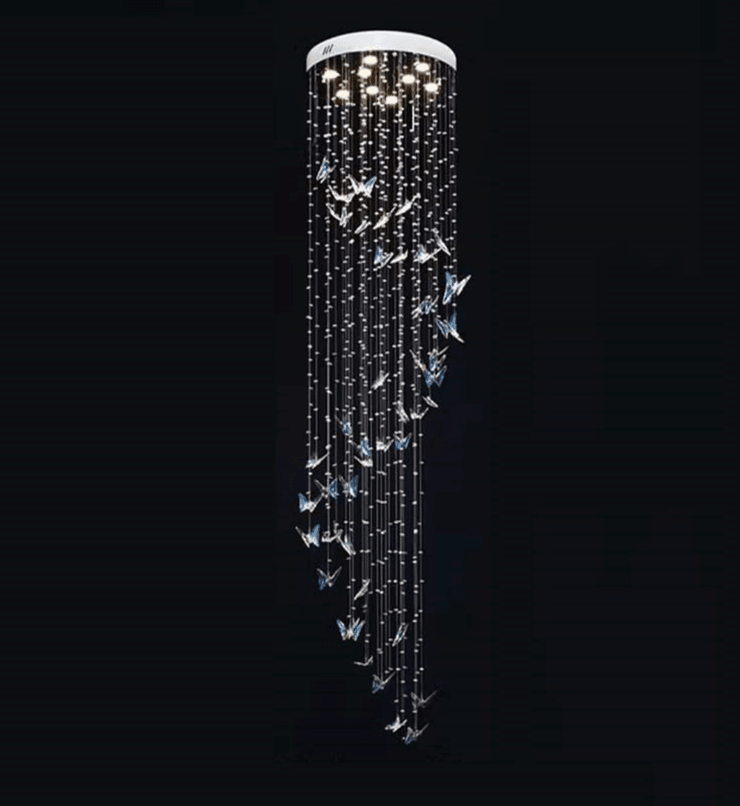 Caelira LED K9 Crystal Spiral Chandelier - Dia 15.7″ × H 98.4″BlueWarm LightBlushlighting