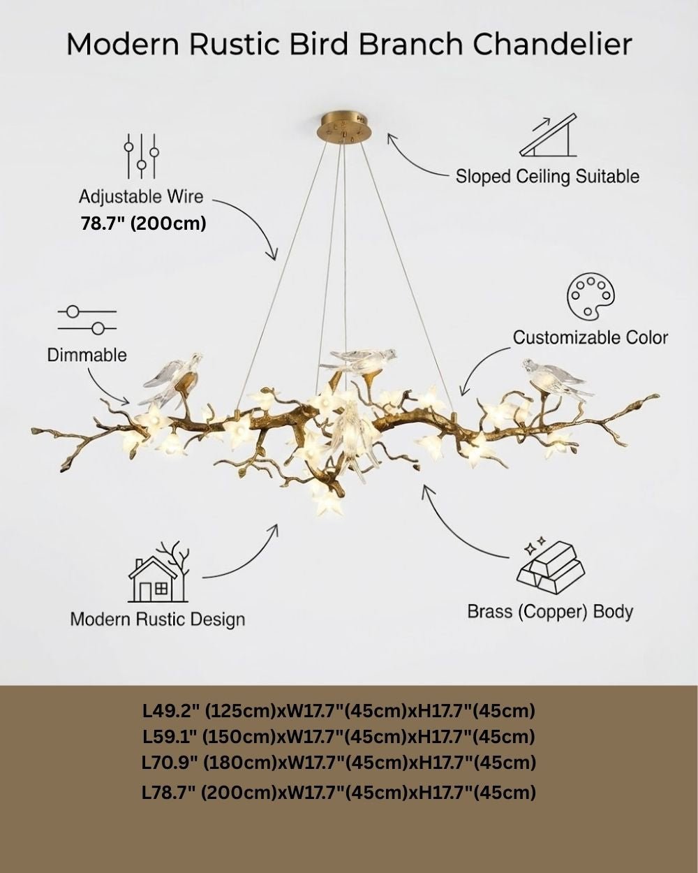 Calyx Bird Branch Chandelier for Dining Room - Copper49.2" (125cm)Warm White 3000KBlushlighting