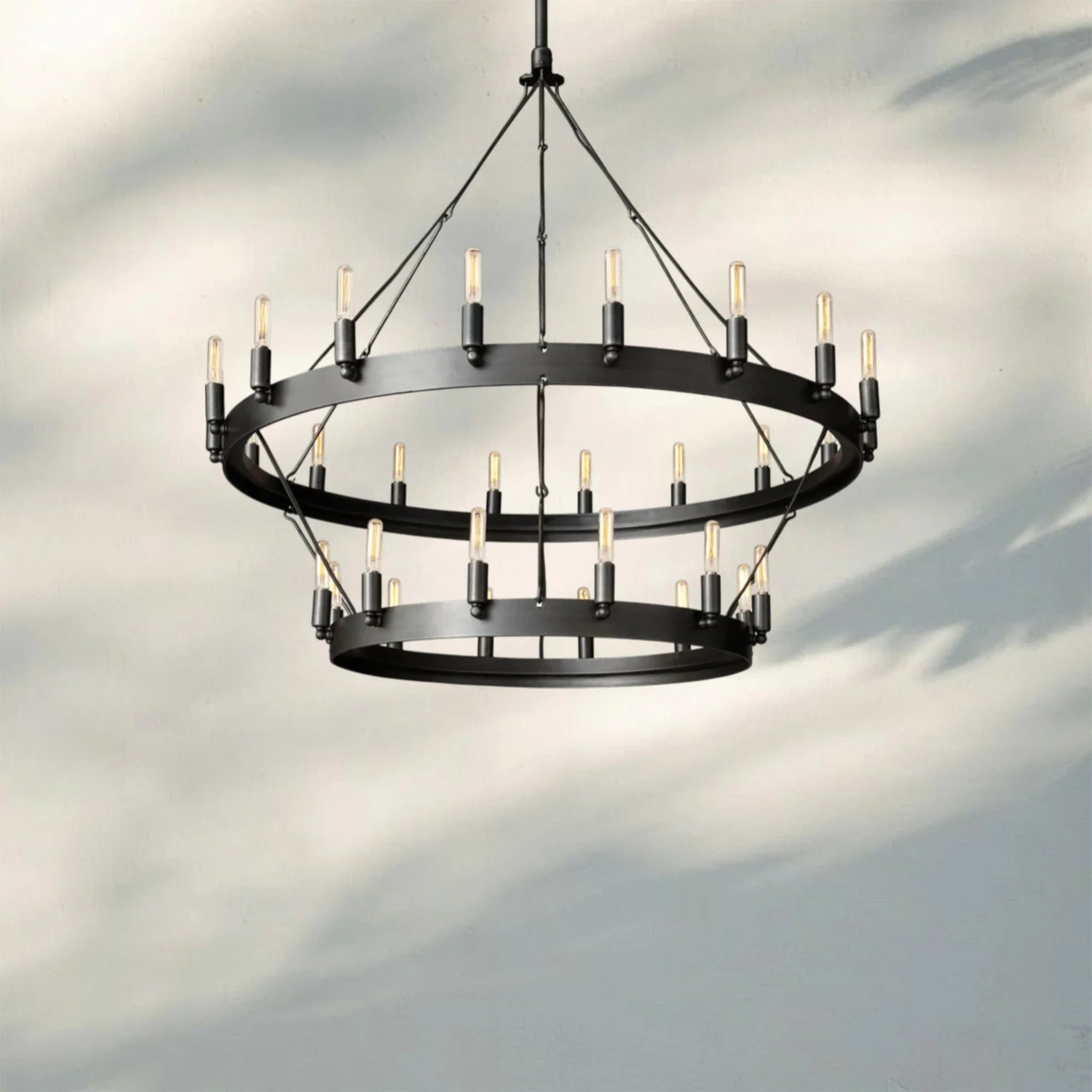 Camina Vintage 2-Tier Round Chandelier-38" 30-Light-Matte Black-Filament