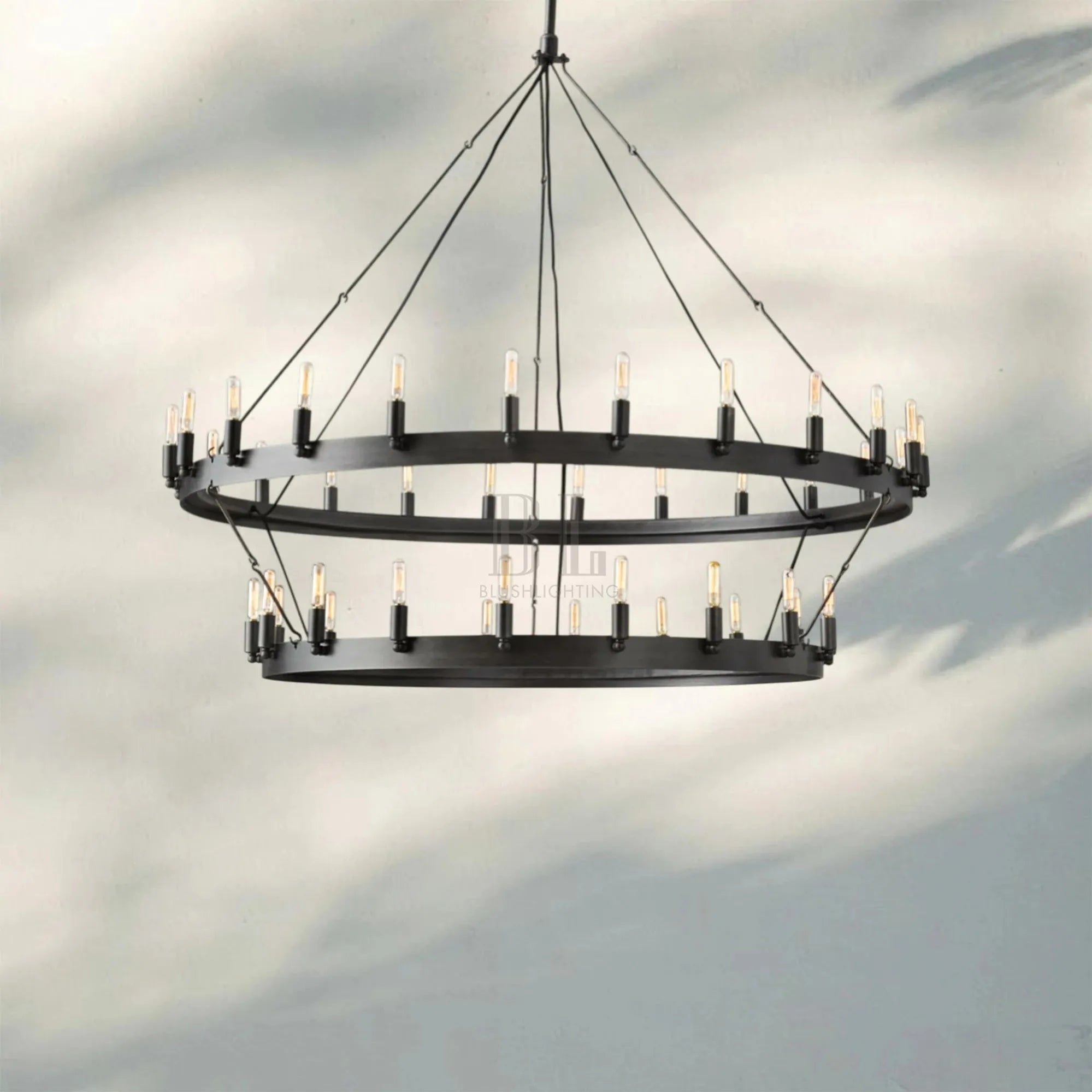 Camina Vintage 2-Tier Round Chandelier-50" 42-Light-Matte Black-Filament