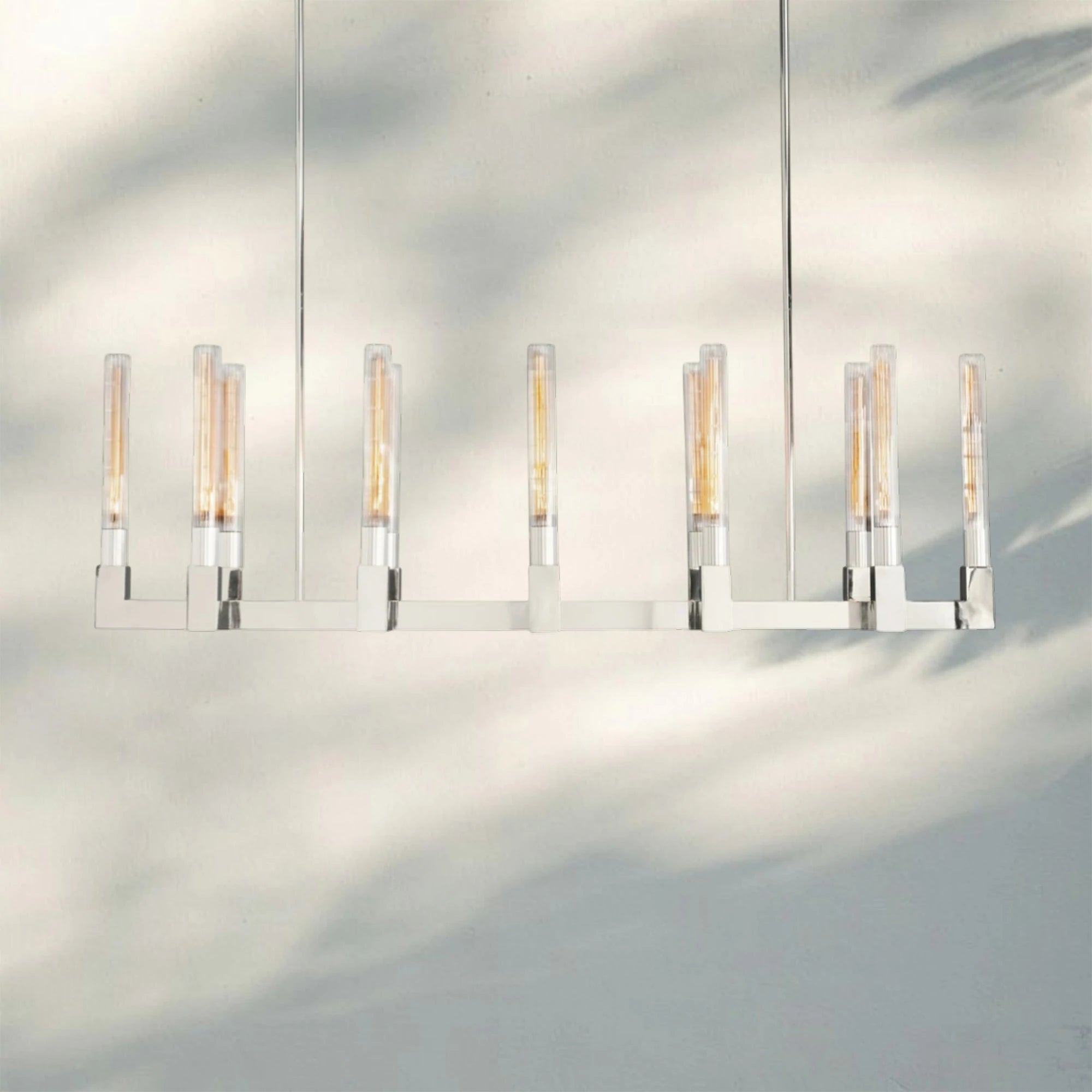 Cannel Candlestick Glass Linear Chandelier-Linear 67"L 12-Light-Polished Nickel-