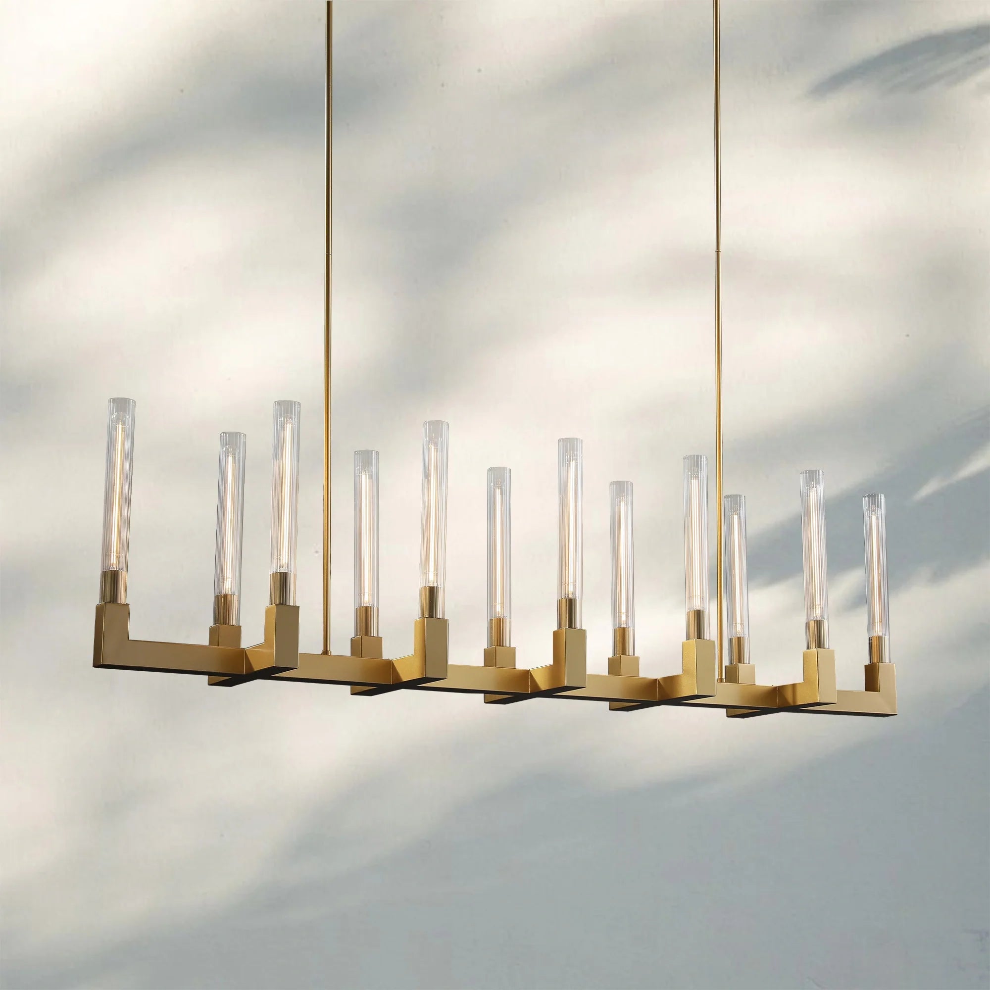 Cannel Candlestick Glass Linear Chandelier-Linear 67"L 12-Light-Lacquered Brass-