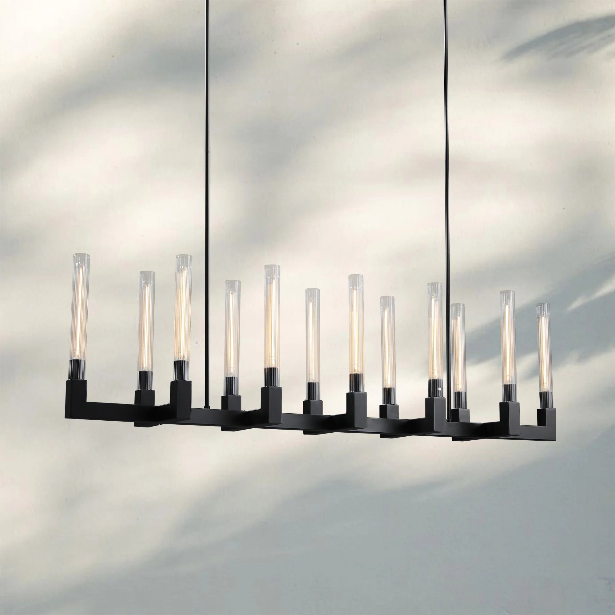 Cannel Candlestick Glass Linear Chandelier-Linear 67"L 12-Light-Matte Black-