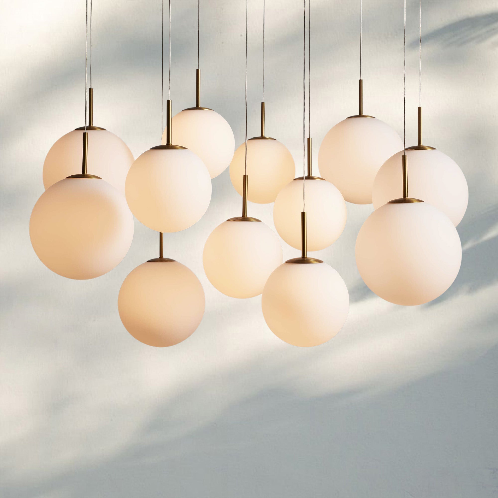 Casen Modern Round Chandelier - Hand - Blown Crackle Glass & Satin Brass LED Pendant Light - 12 - Light 43''Matte OpalBlushlighting