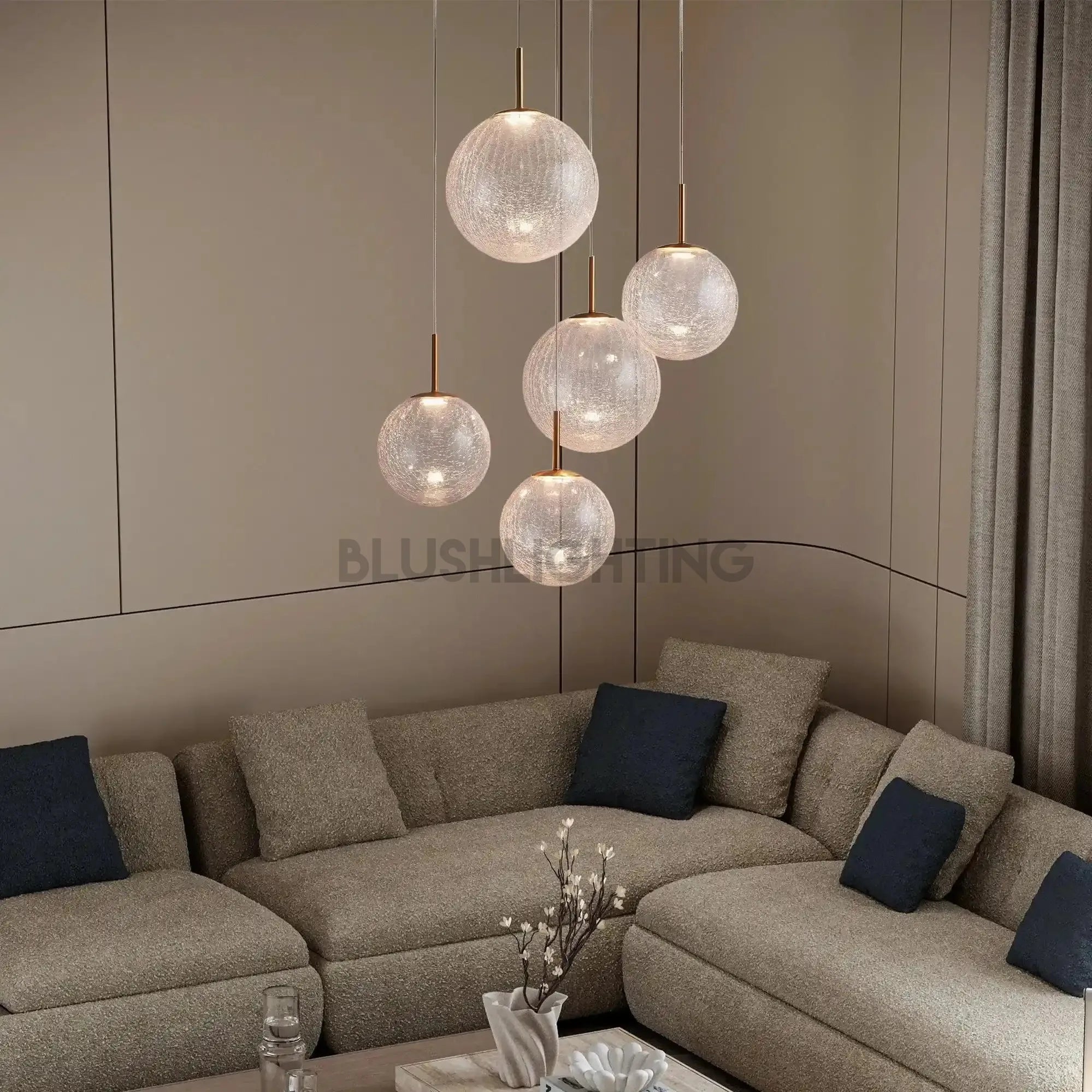 Casen Modern Round Chandelier - Hand - Blown Crackle Glass & Satin Brass LED Pendant Light - 3 - Light 20''CrackleBlushlighting