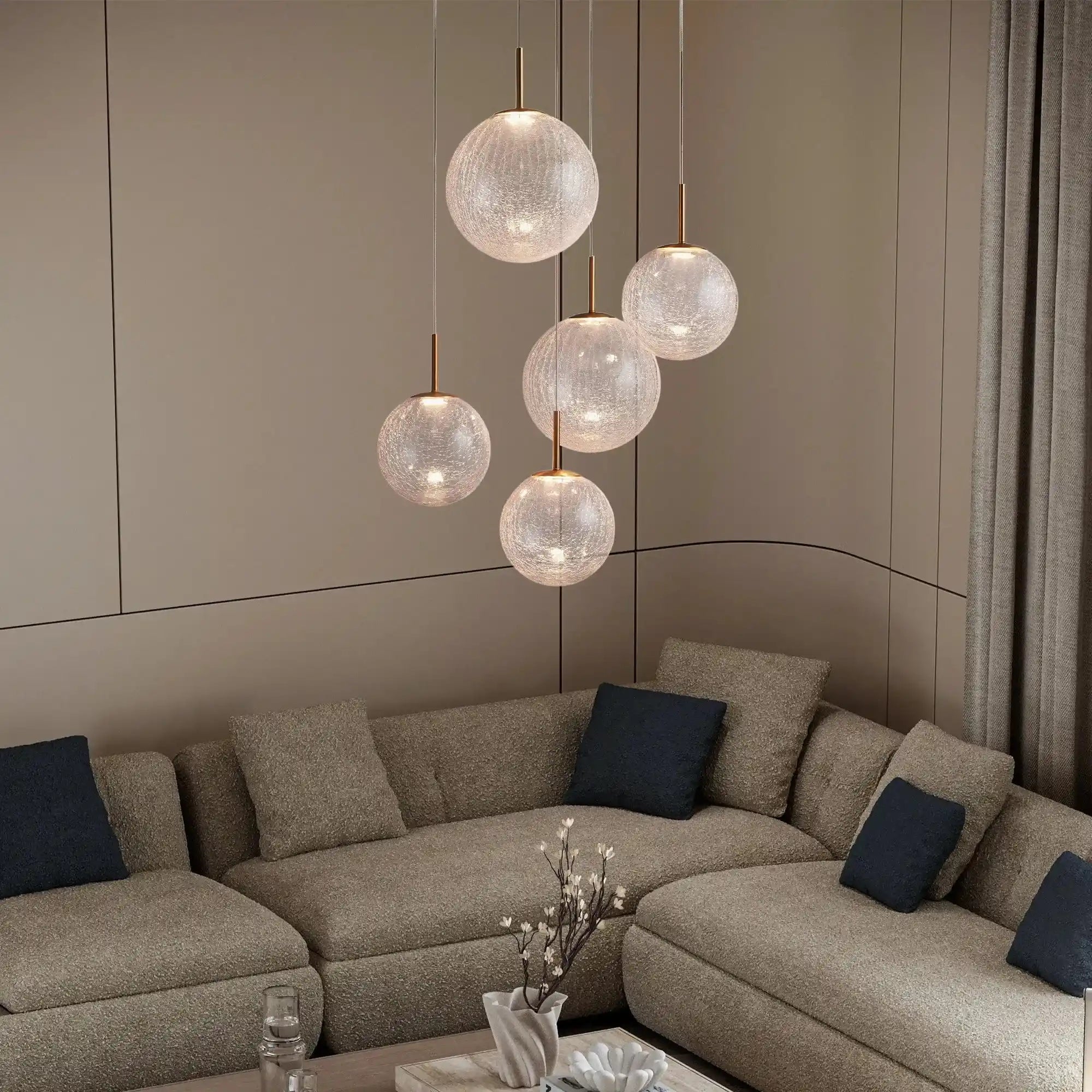 Casen Modern Round Chandelier - Hand - Blown Crackle Glass & Satin Brass LED Pendant Light - 3 - Light 20''CrackleBlushlighting