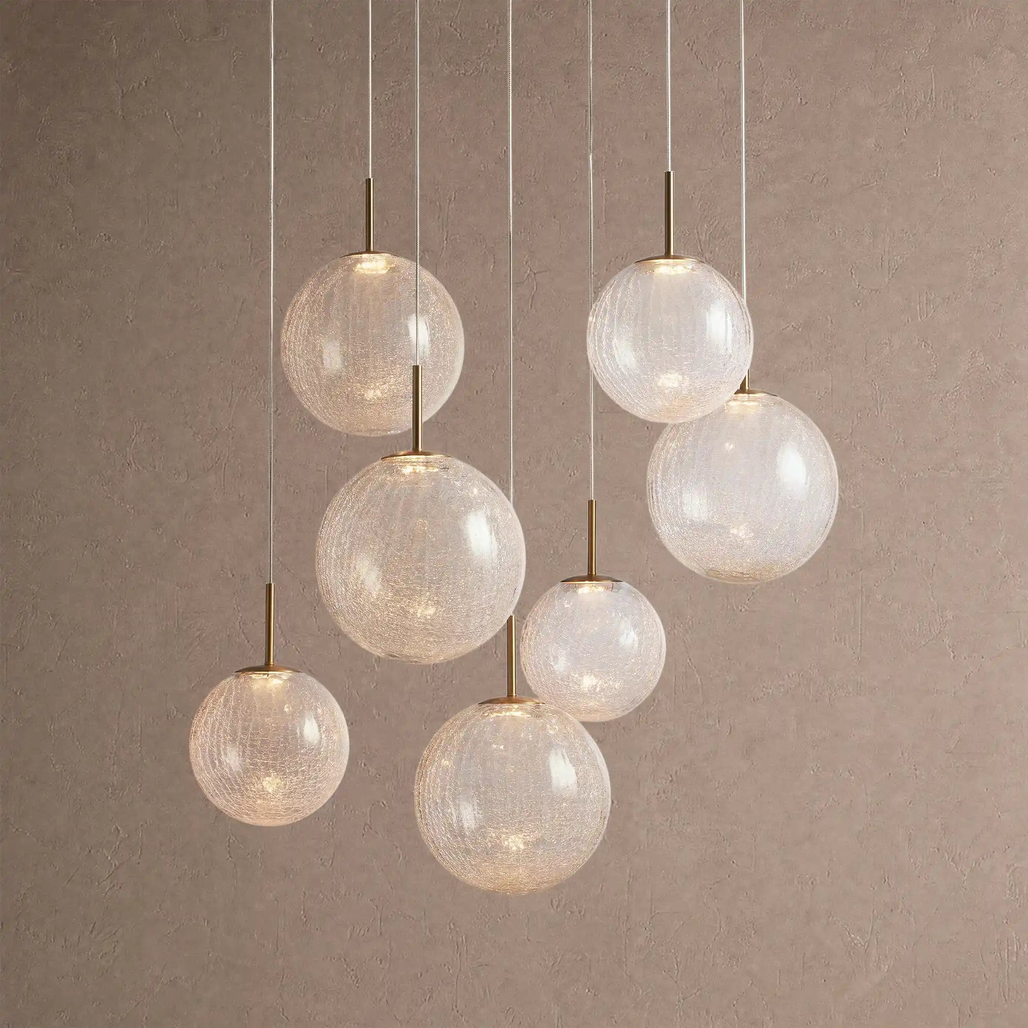 Casen Modern Round Chandelier - Hand-Blown Crackle Glass & Satin Brass LED Pendant Light - 7-Light 34''CrackleBlushlighting