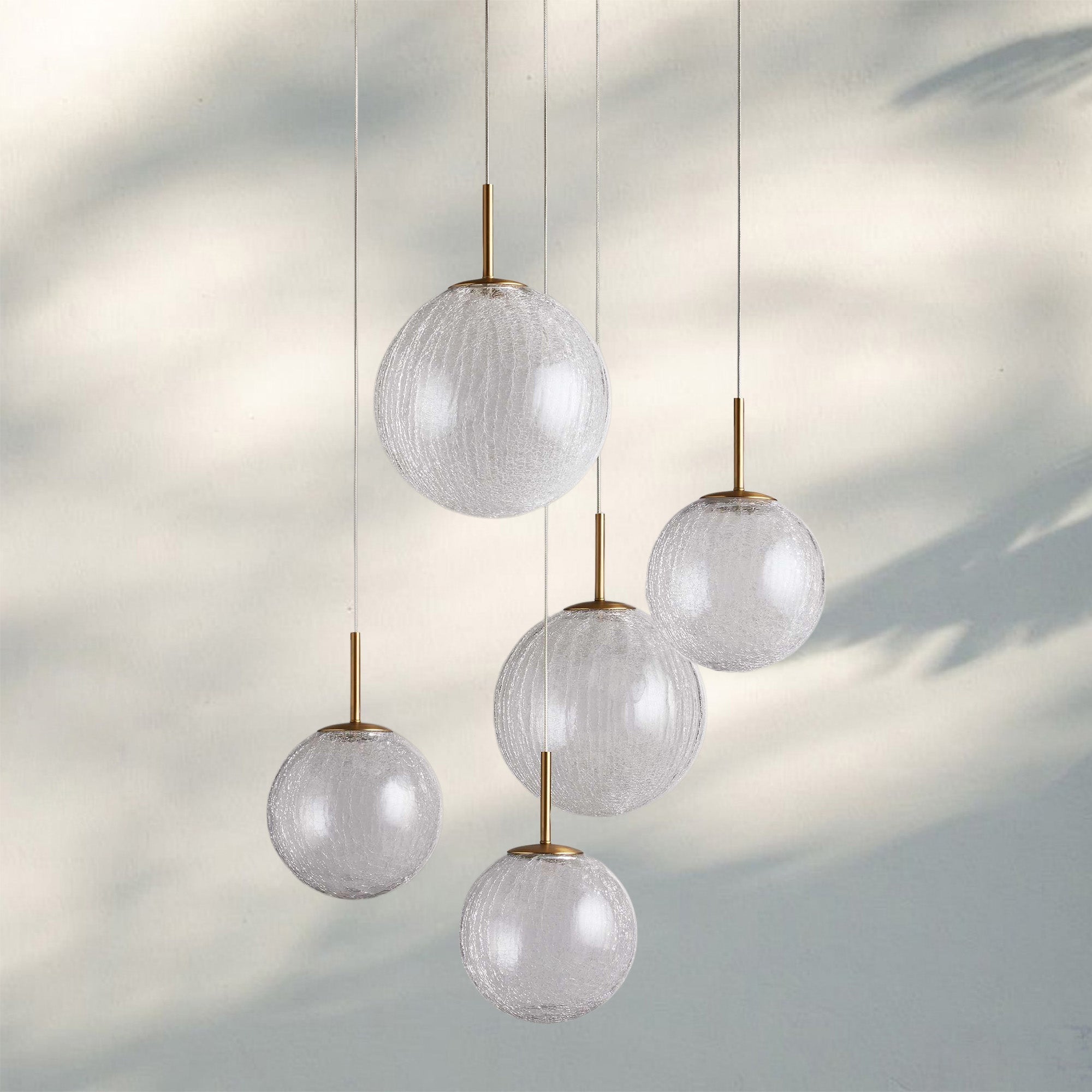 Casen Modern Round Chandelier - Hand - Blown Crackle Glass & Satin Brass LED Pendant Light - 5 - Light 28''CrackleBlushlighting