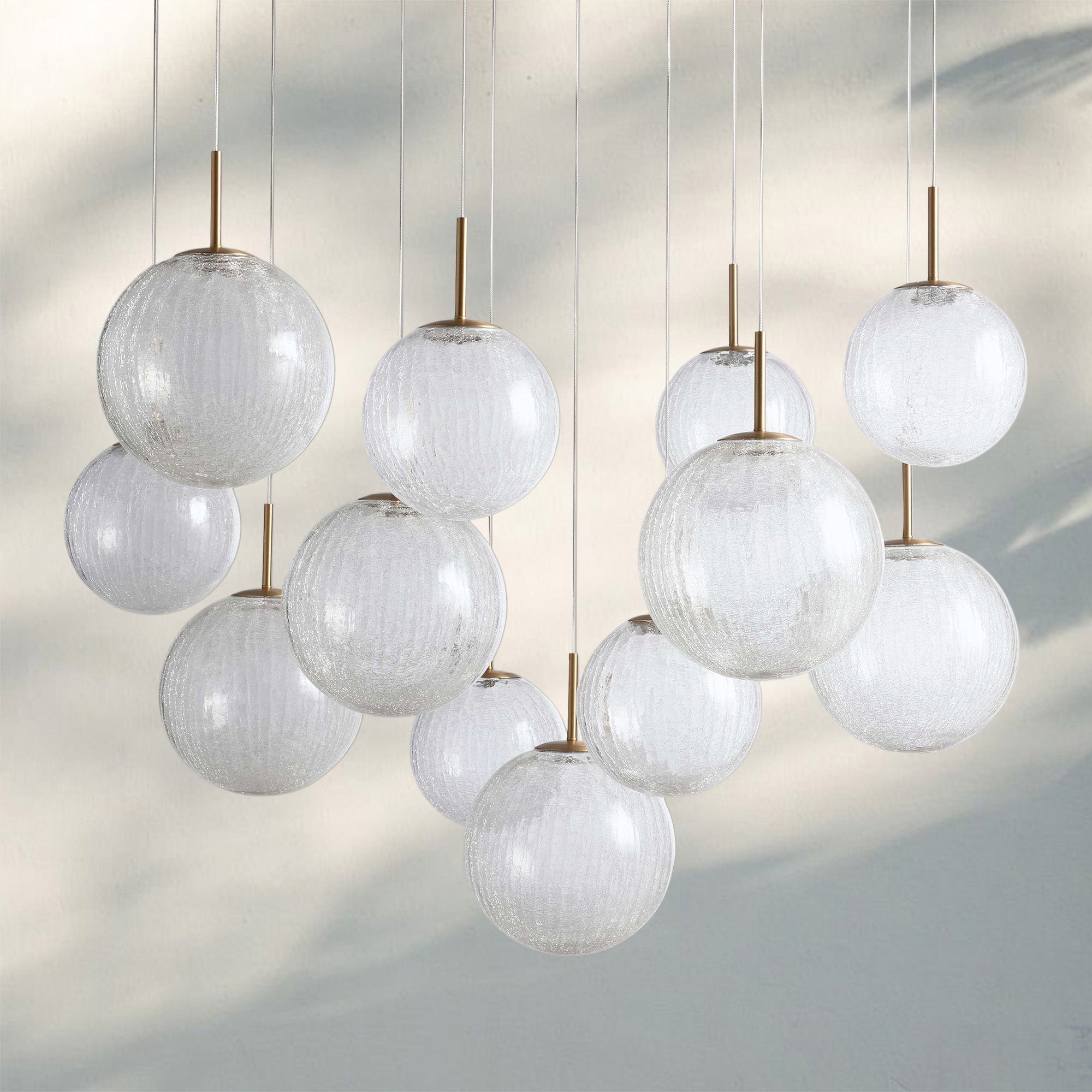 Casen Modern Round Chandelier - Hand - Blown Crackle Glass & Satin Brass LED Pendant Light - 12 - Light 43''CrackleBlushlighting