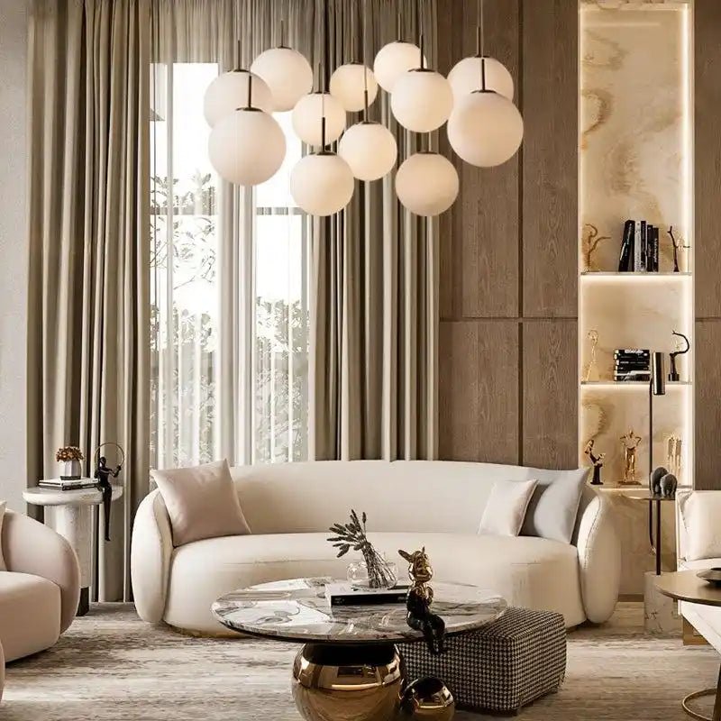 Casen Modern Round Chandelier - Hand - Blown Crackle Glass & Satin Brass LED Pendant Light - 12 - Light 43''CrackleBlushlighting