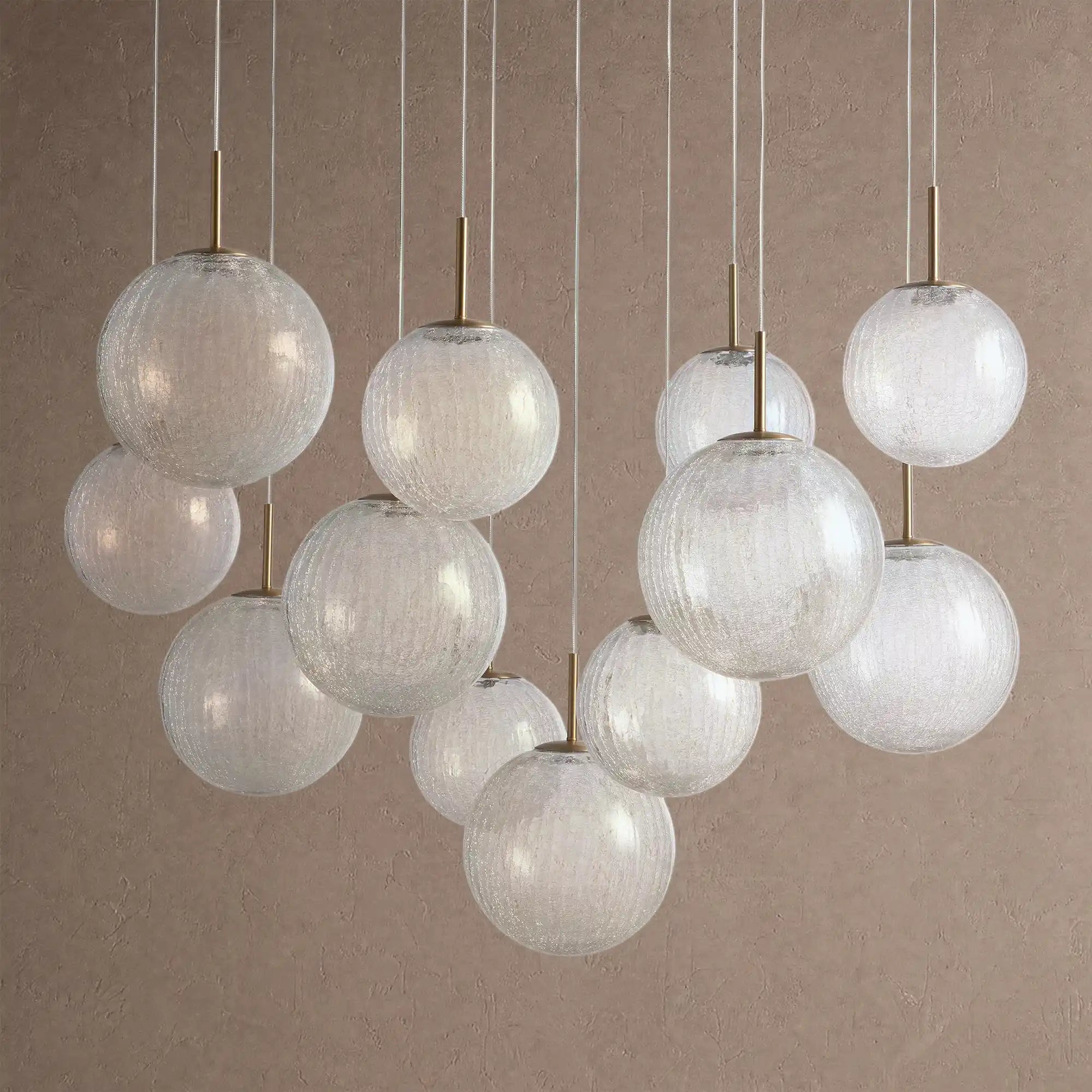 Casen Modern Round Chandelier - Hand-Blown Crackle Glass & Satin Brass LED Pendant Light - 12-Light 43''CrackleBlushlighting