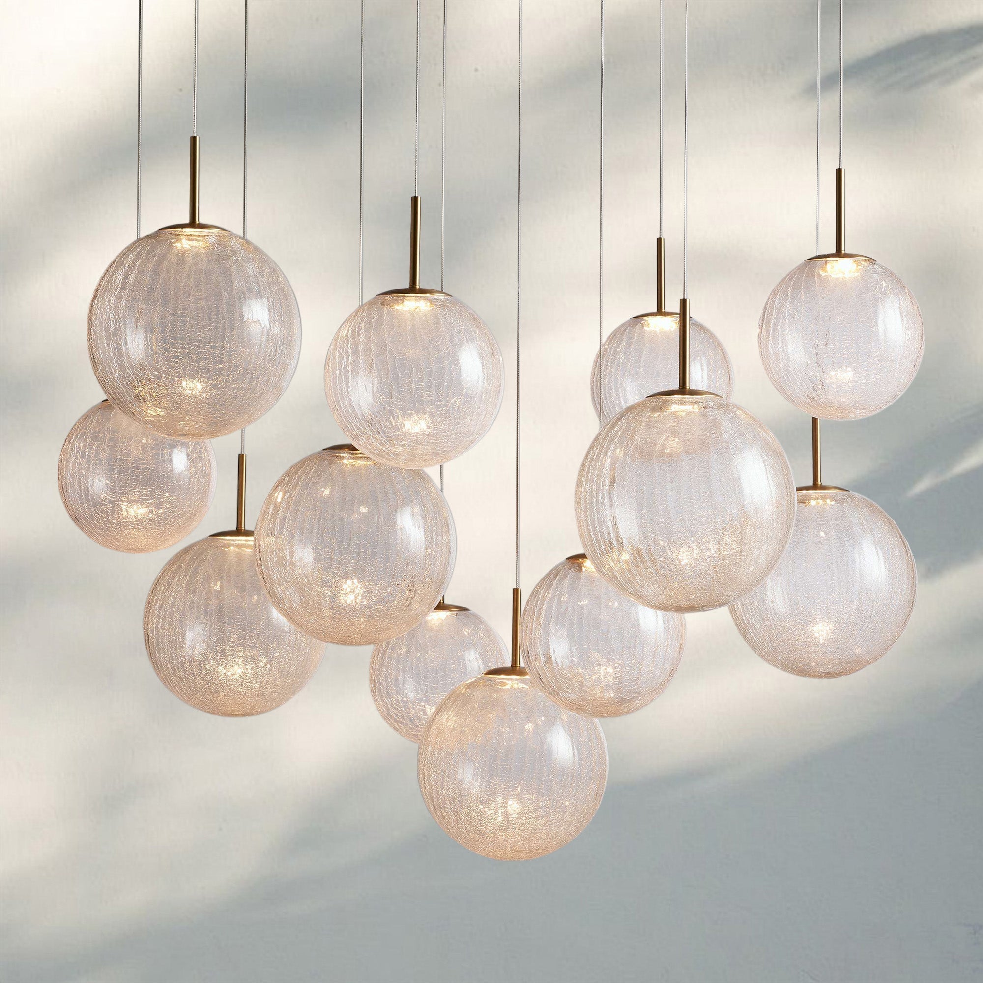 Casen Modern Round Chandelier - Hand - Blown Crackle Glass & Satin Brass LED Pendant Light - 12 - Light 43''CrackleBlushlighting