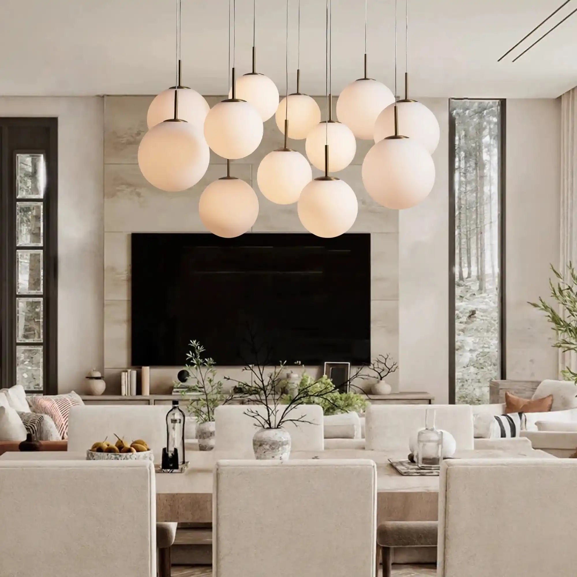 Casen Modern Round Chandelier - Hand - Blown Crackle Glass & Satin Brass LED Pendant Light - 12 - Light 43''Matte OpalBlushlighting