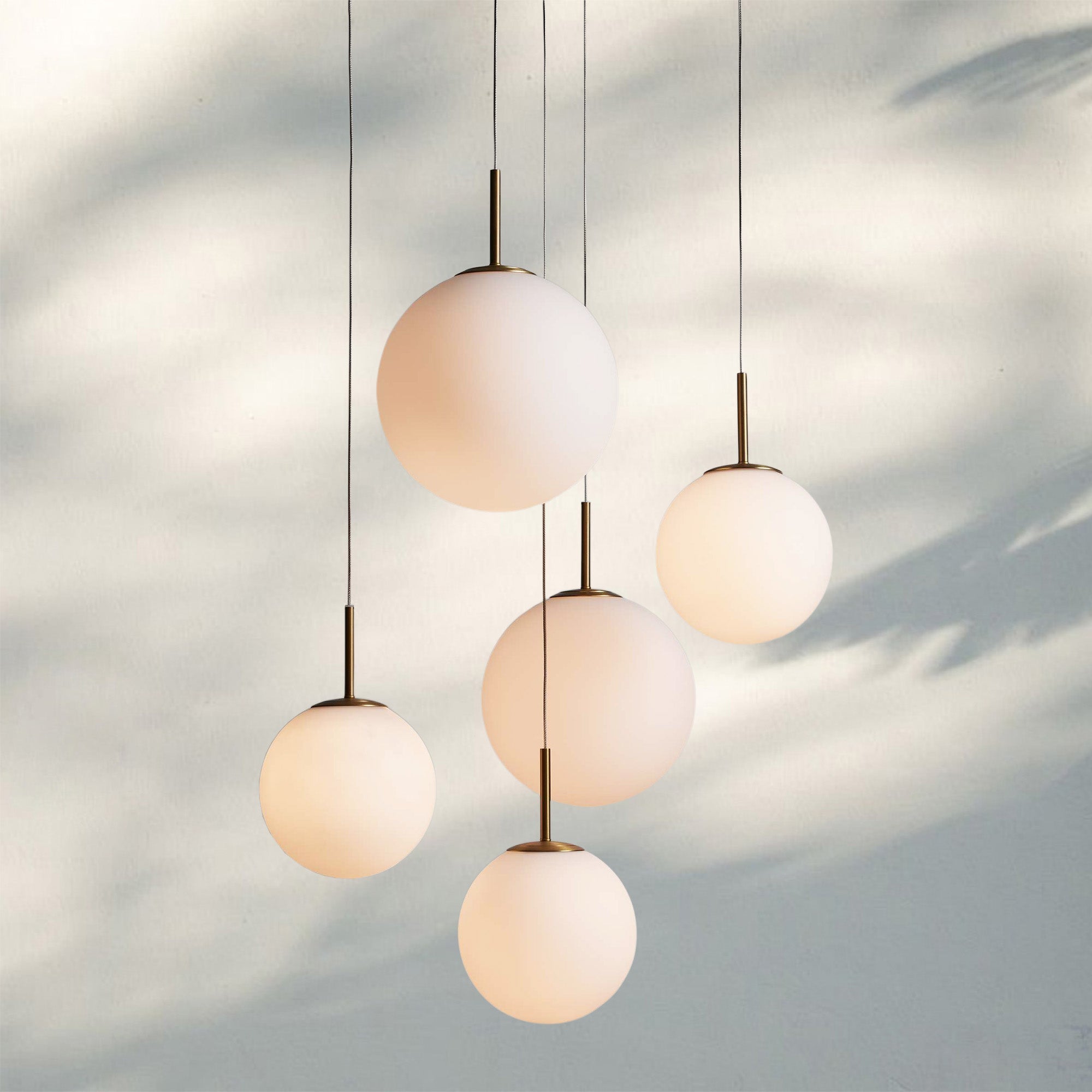 Casen Modern Round Chandelier - Hand - Blown Crackle Glass & Satin Brass LED Pendant Light - 5 - Light 28''Matte OpalBlushlighting