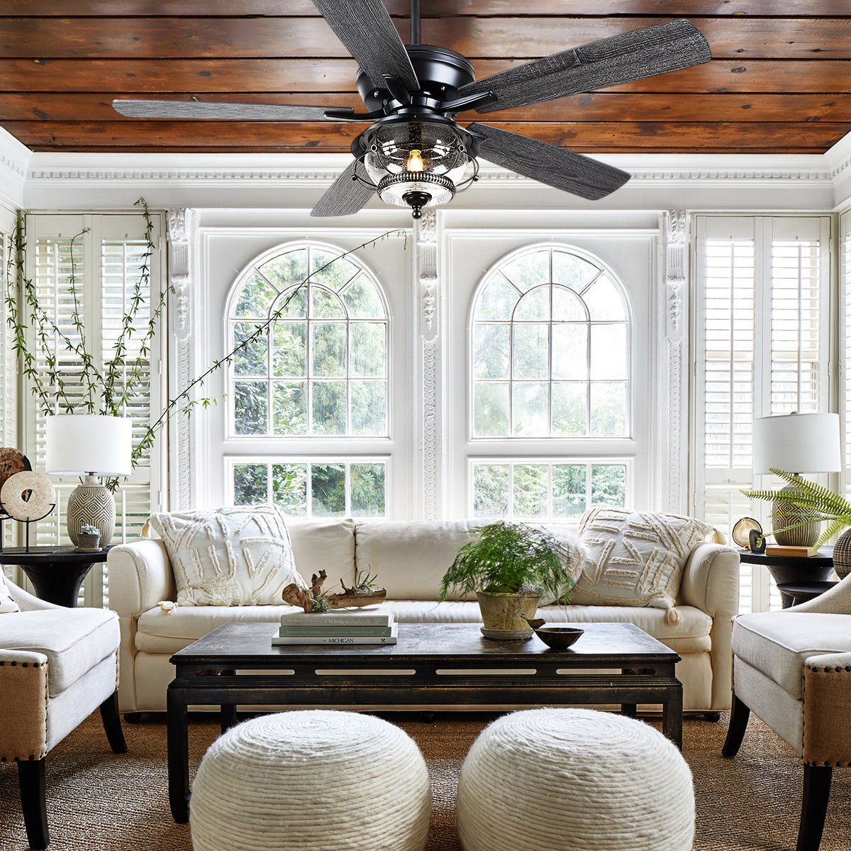 Ceiling Fans with Light and Remote Waterproof Wet Rated Ceiling Fan, 6 Speeds Modern Black Fan Lights 52" - Blushlighting