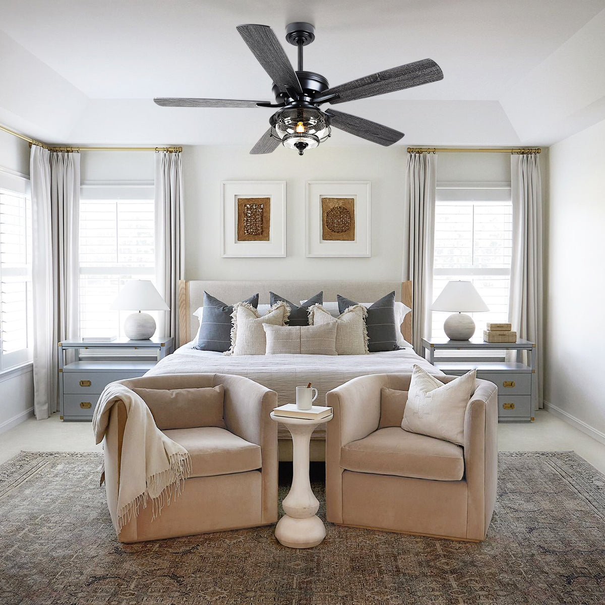 Ceiling Fans with Light and Remote Waterproof Wet Rated Ceiling Fan, 6 Speeds Modern Black Fan Lights 52" - Blushlighting