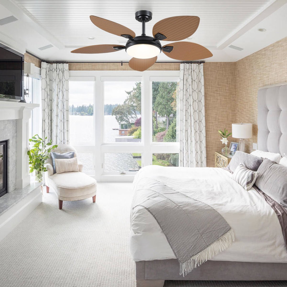 Ceiling Fans with Lights Palm Leaf Ceiling Fan for Patios Porch 6 Speeds, Reversible 52" - Light BrownBlushlighting