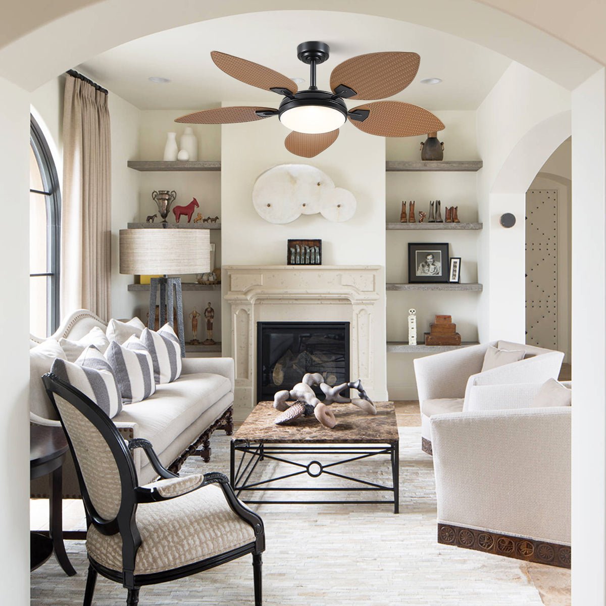 Ceiling Fans with Lights Palm Leaf Ceiling Fan for Patios Porch 6 Speeds, Reversible 52" - BrownBlushlighting