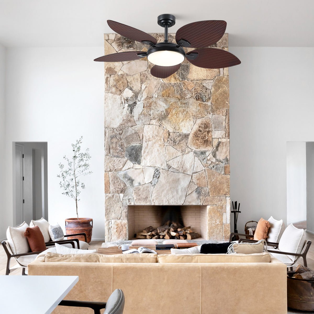 Ceiling Fans with Lights Palm Leaf Ceiling Fan for Patios Porch 6 Speeds, Reversible 52" - Blushlighting