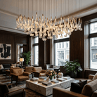 Celestia LED Glass Rain Chandelier - L 59.1″ × W 19.7″ × H 47.2″Gold & ClearWarm LightBlushlighting