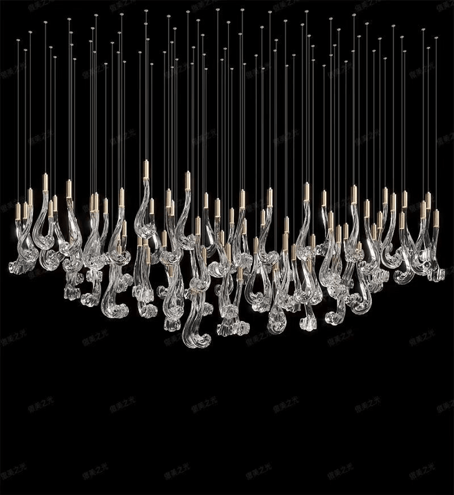 Celestia LED Glass Rain Chandelier - L 59.1″ × W 19.7″ × H 47.2″Gold & ClearWarm LightBlushlighting