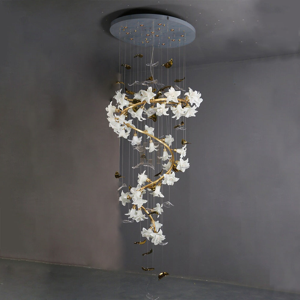 Ceramic Flower Chandelier in Artistic Brass Branch Design-Chandeliers-Blushlighting