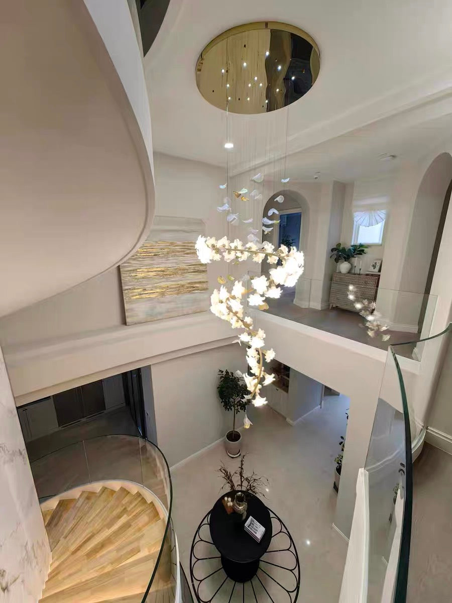 Ceramic Flower Chandelier in Artistic Brass Branch Design-Chandeliers-Blushlighting