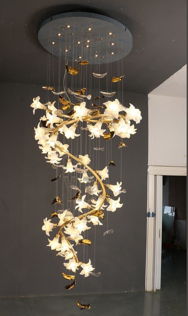 Ceramic Flower Chandelier in Artistic Brass Branch Design - D31.5"*H118.1"Warm LightBlushlighting