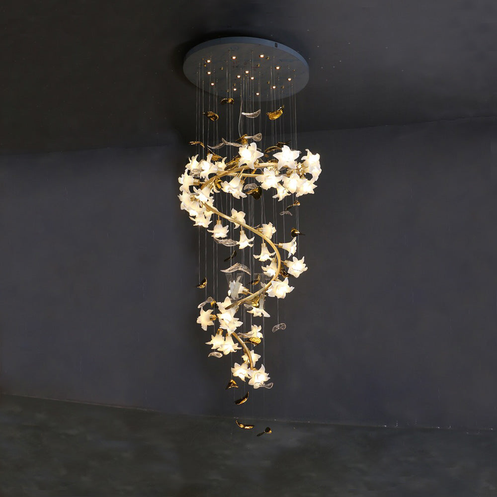 Ceramic Flower Chandelier in Artistic Brass Branch Design-Chandeliers-Blushlighting