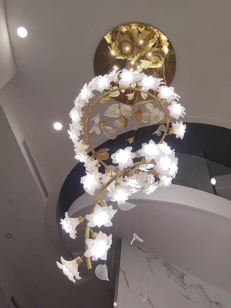 Ceramic Flower Chandelier in Artistic Brass Branch Design - D31.5"*H118.1"Warm LightBlushlighting