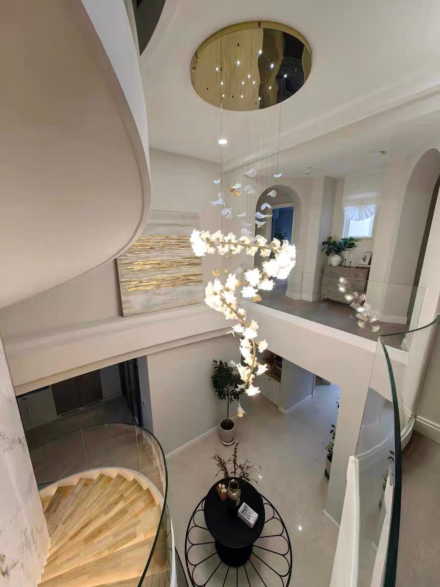 Ceramic Flower Chandelier in Artistic Brass Branch Design - D31.5"*H118.1"Warm LightBlushlighting