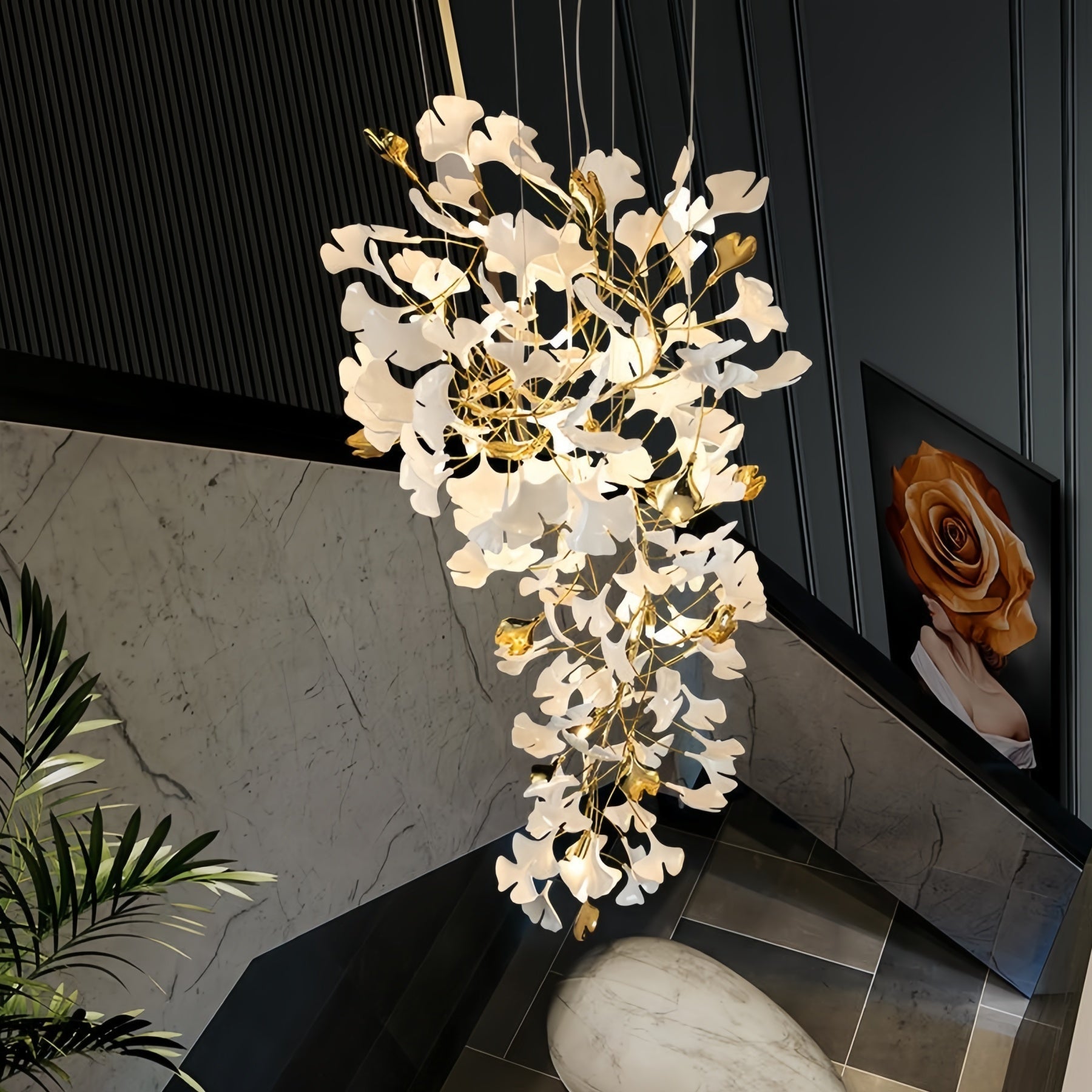 Ceramic Ginkgo Cascading A Branch Chandelier - All white leavesH150CM (H59")Blushlighting