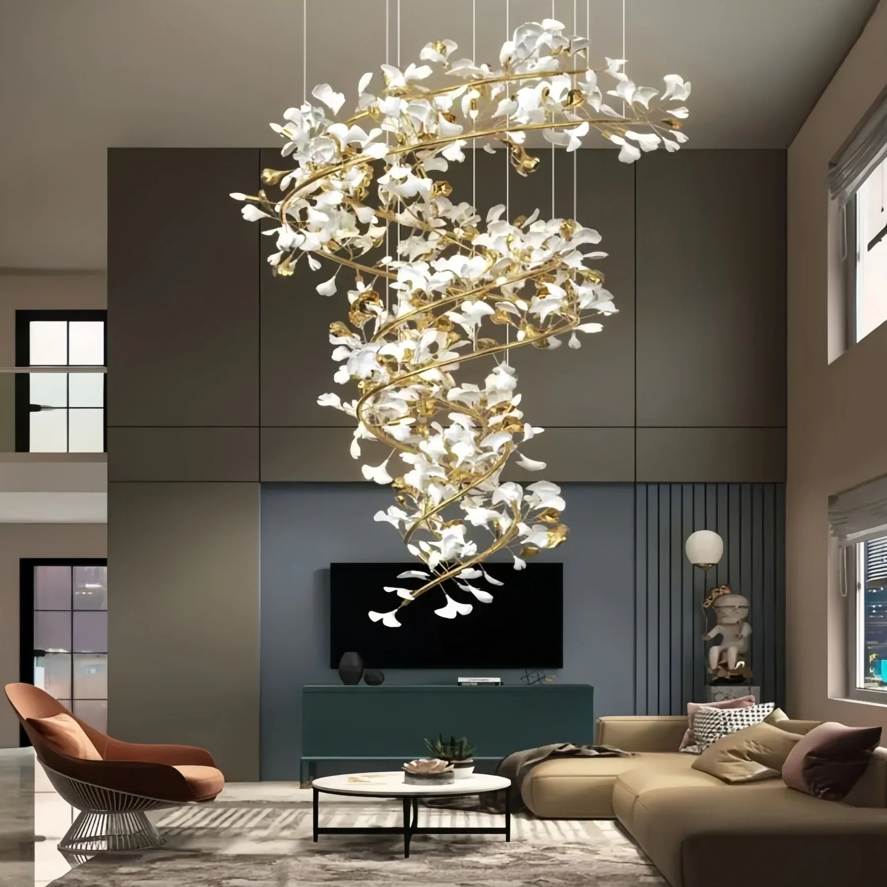 Ceramic Ginkgo Cascading B (Spiral) Branch Chandelier - All white leavesH200CM (H78¾")Blushlighting