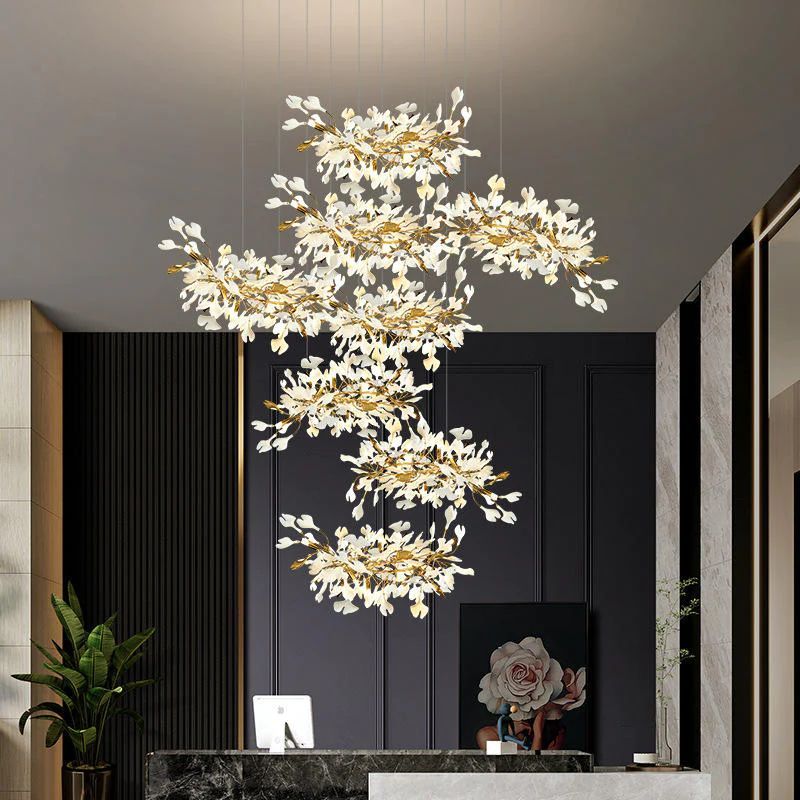 Ceramic Ginkgo Cascading Chandelier-chandeliers for dining room,chandeliers for stairways,chandeliers for foyer,chandeliers for bedrooms,chandeliers for kitchen,chandeliers for living room-118"H-All white leaves-Blushlighting