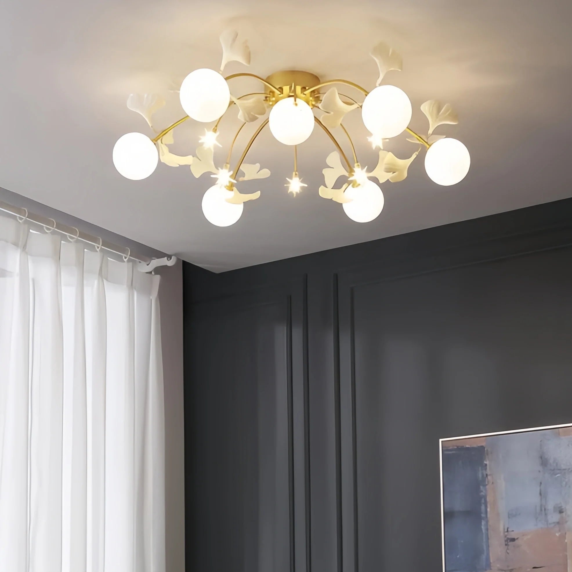 Ceramic Ginkgo Glass Ceiling Lamp-7+6 Heads 39.4"X H 11.8"-