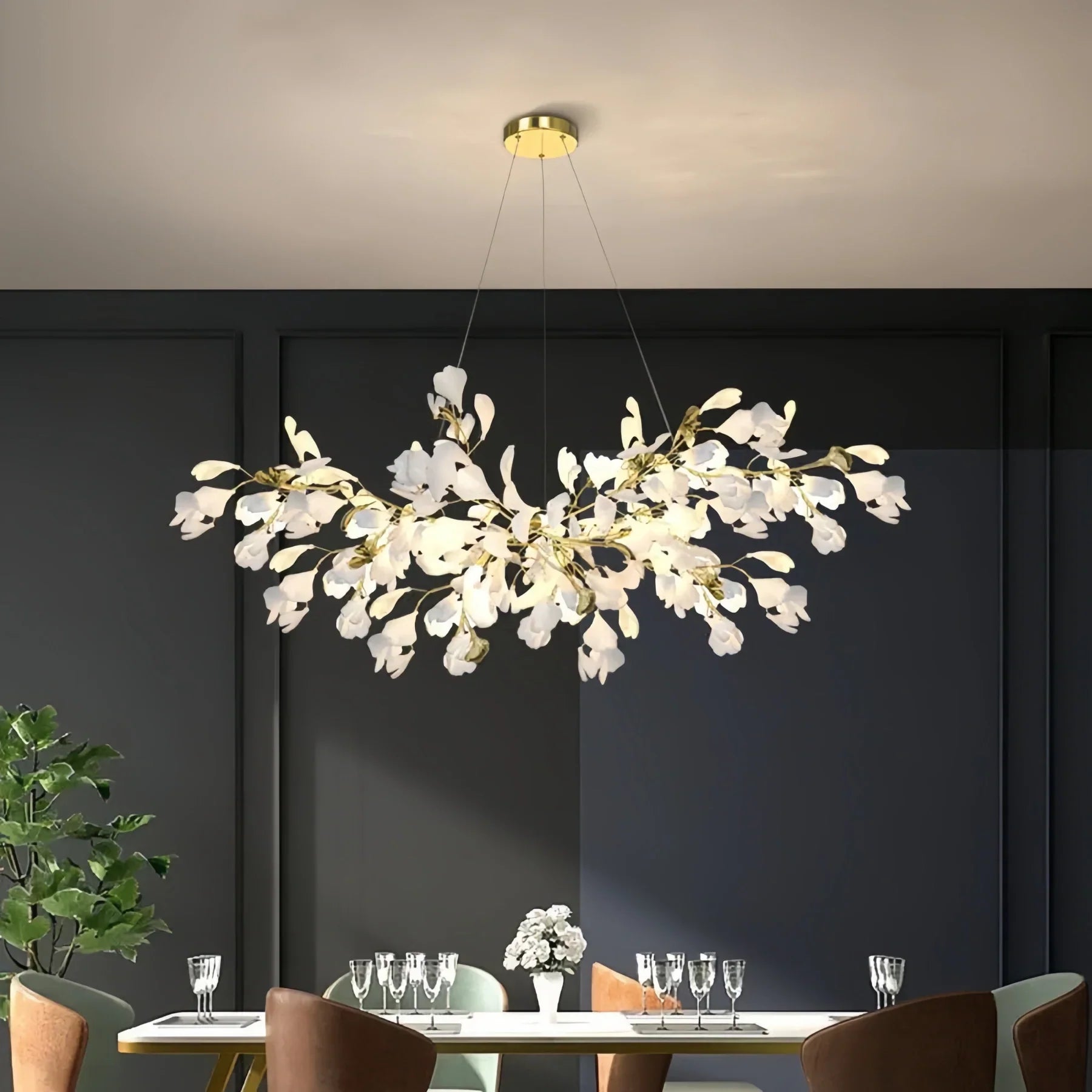 Ceramic Ginkgo Linear Branch Chandelier-All white leaves-L100CM (L39¼")-