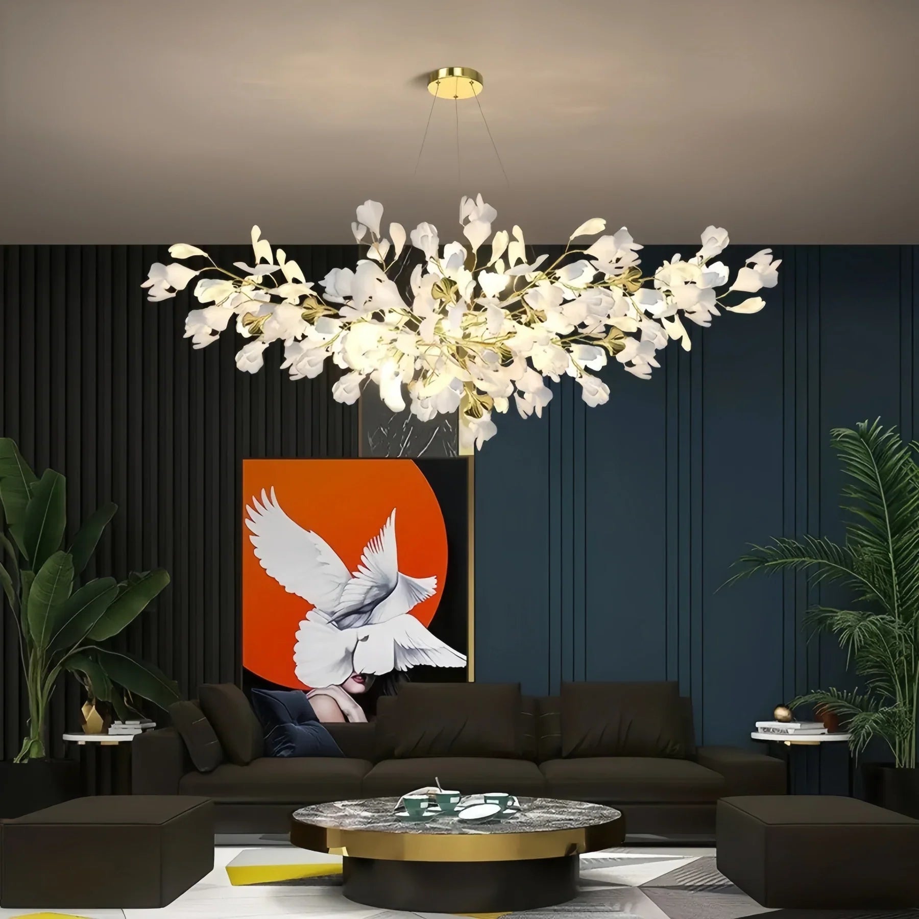Ceramic Ginkgo Linear Branch Chandelier - All white leavesL120CM (L47¼")Blushlighting