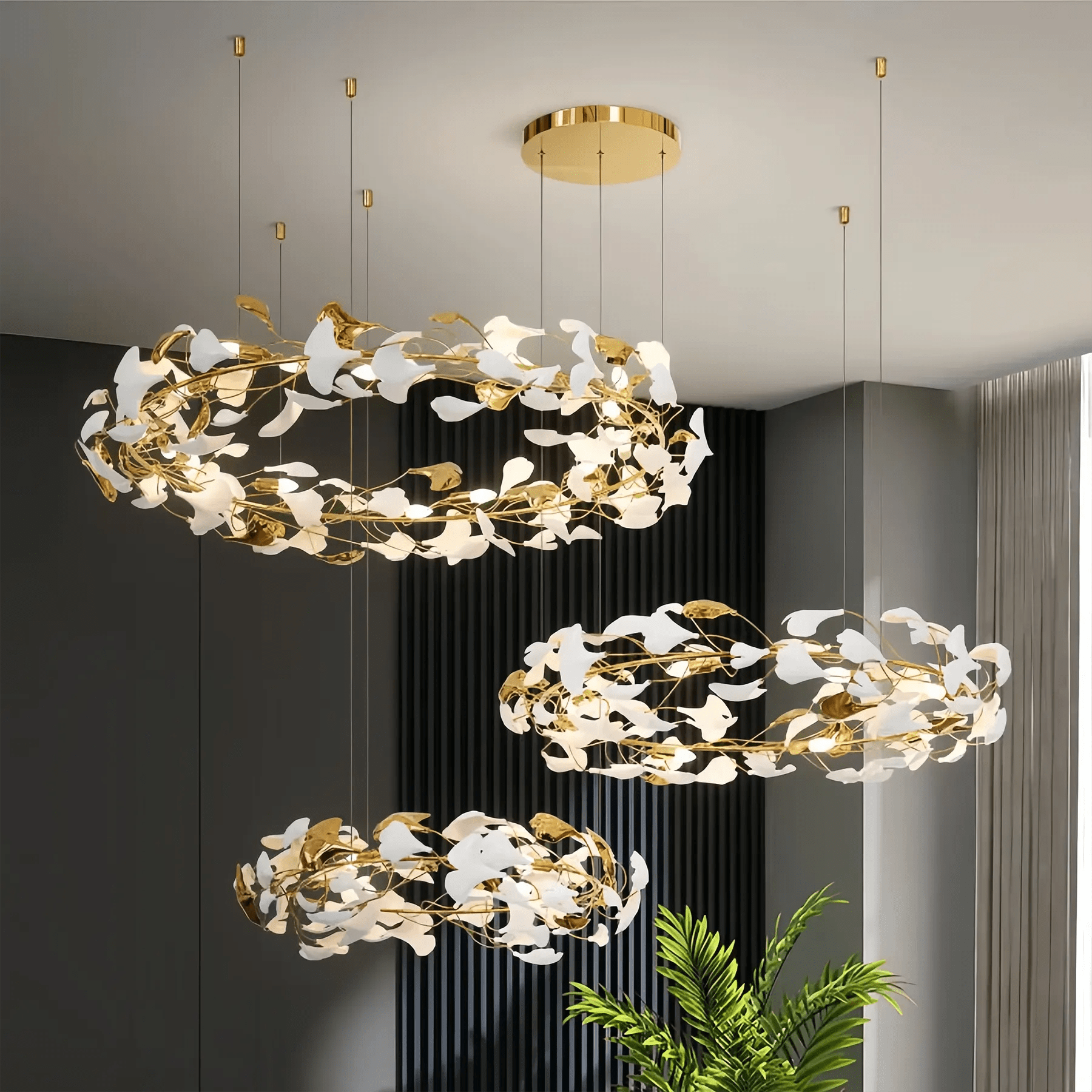Ceramic Ginkgo Rings Branch Chandelier - All white leavesD39¼"+ D31½" +D23½"Blushlighting