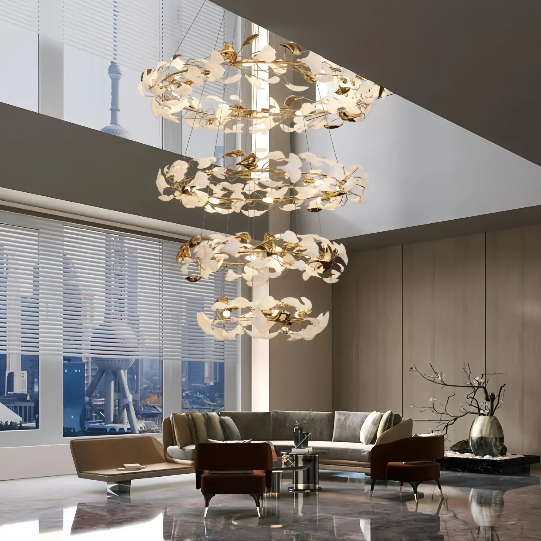 Ceramic Ginkgo Rings Linear Branch Chandelier - All white leavesD47¼"+D39¼"+ D31½" +D23½"Blushlighting