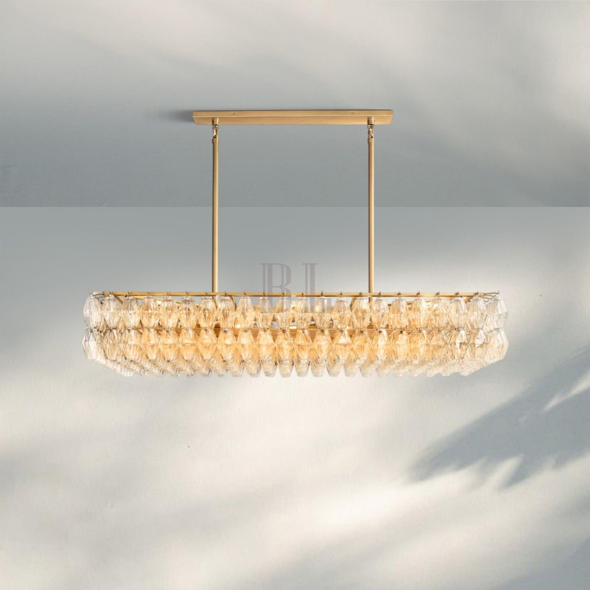 Chiare Modern Glass Rectangular Glass Chandelier 54" 74″-54''-Lacquered Burnished Brass-Clear