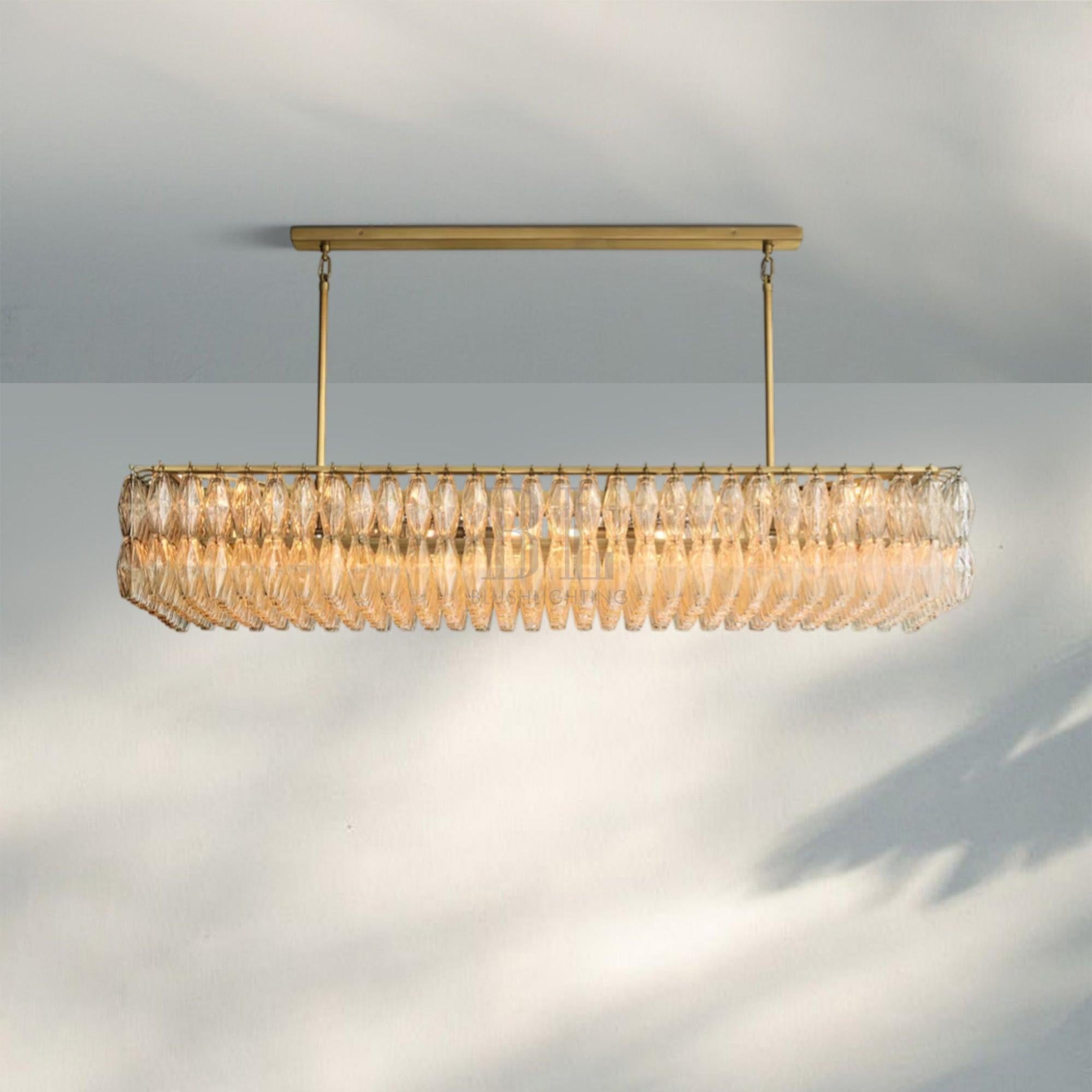 Chiare Modern Glass Rectangular Glass Chandelier 54" 74″-74''-Lacquered Burnished Brass-Clear